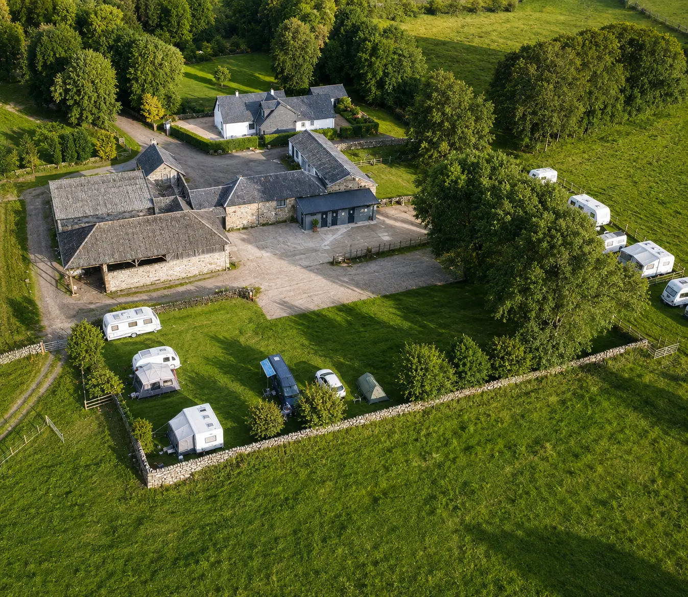 Aerial view of Collierhall Farm caravan and camping site in the South Lanarkshire countryside